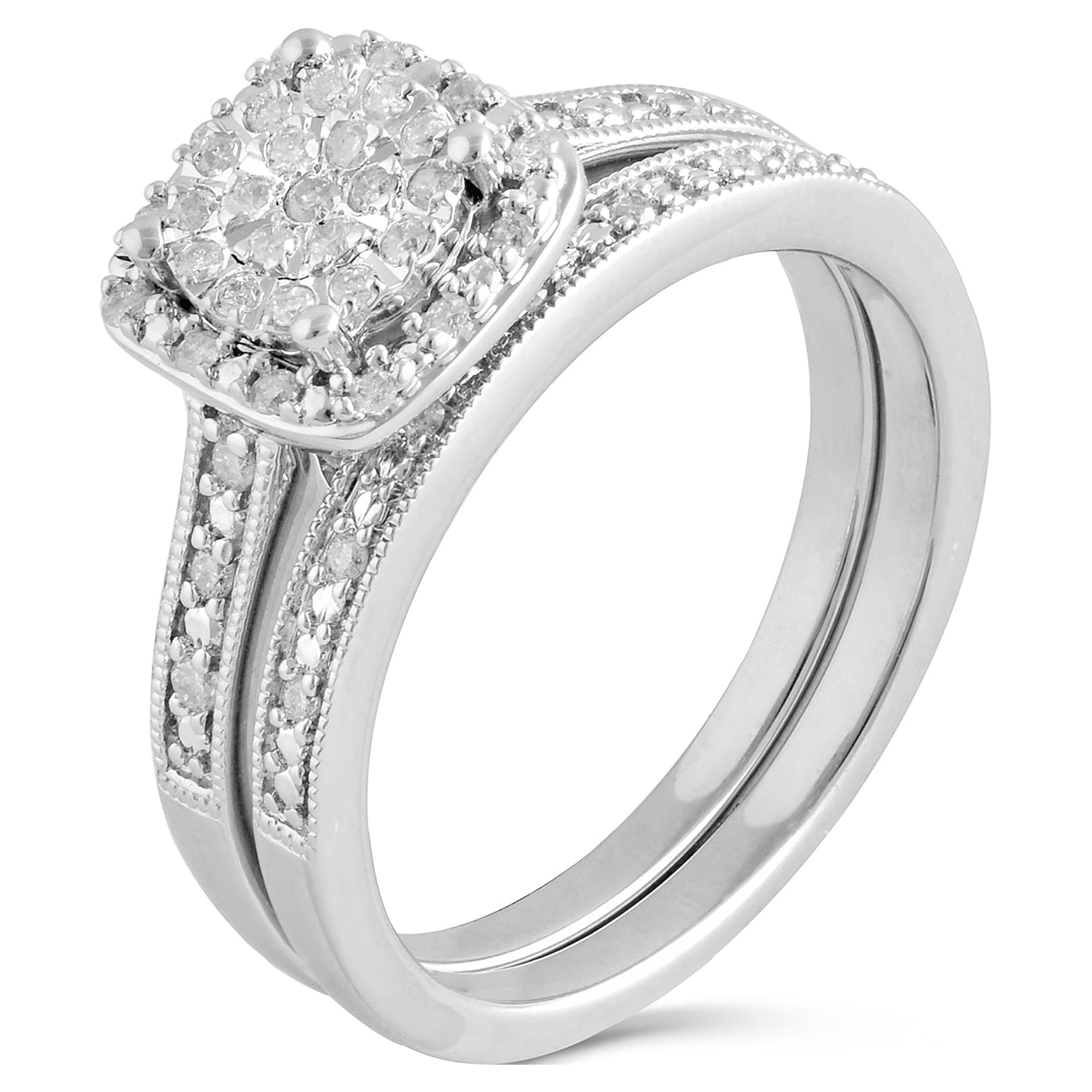 Forever Bride 1/4 Carat T.W. Cushion Frame Diamond Bridal Set in Composite Silver (I-J, I2-I3)
