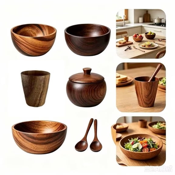 Goodw7 Wooden Salad Bowl, Versatile Handmade Carved Wood Serving Dish, Smooth Natural Finish Mixing Bowl for Kitchen Pasta Soup and Ramen