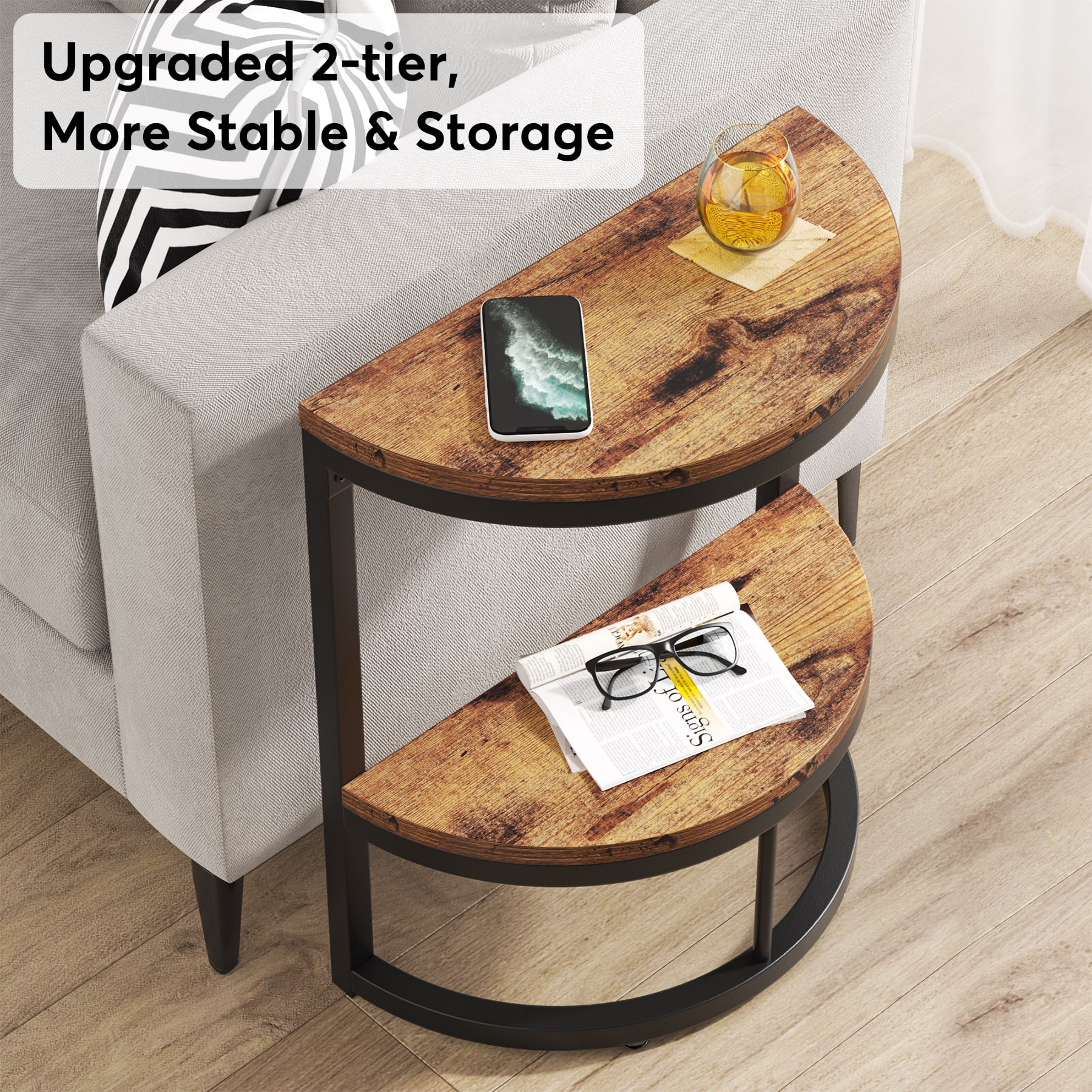 Fnova 2-Tier Half Moon End Table, Modern Wooden Narrow Sofa Side Table, Slim Accent Table Nightstand with Storage Shelf, Easy Assembly, for Living Room, Bedroom, Entryway, Small Space