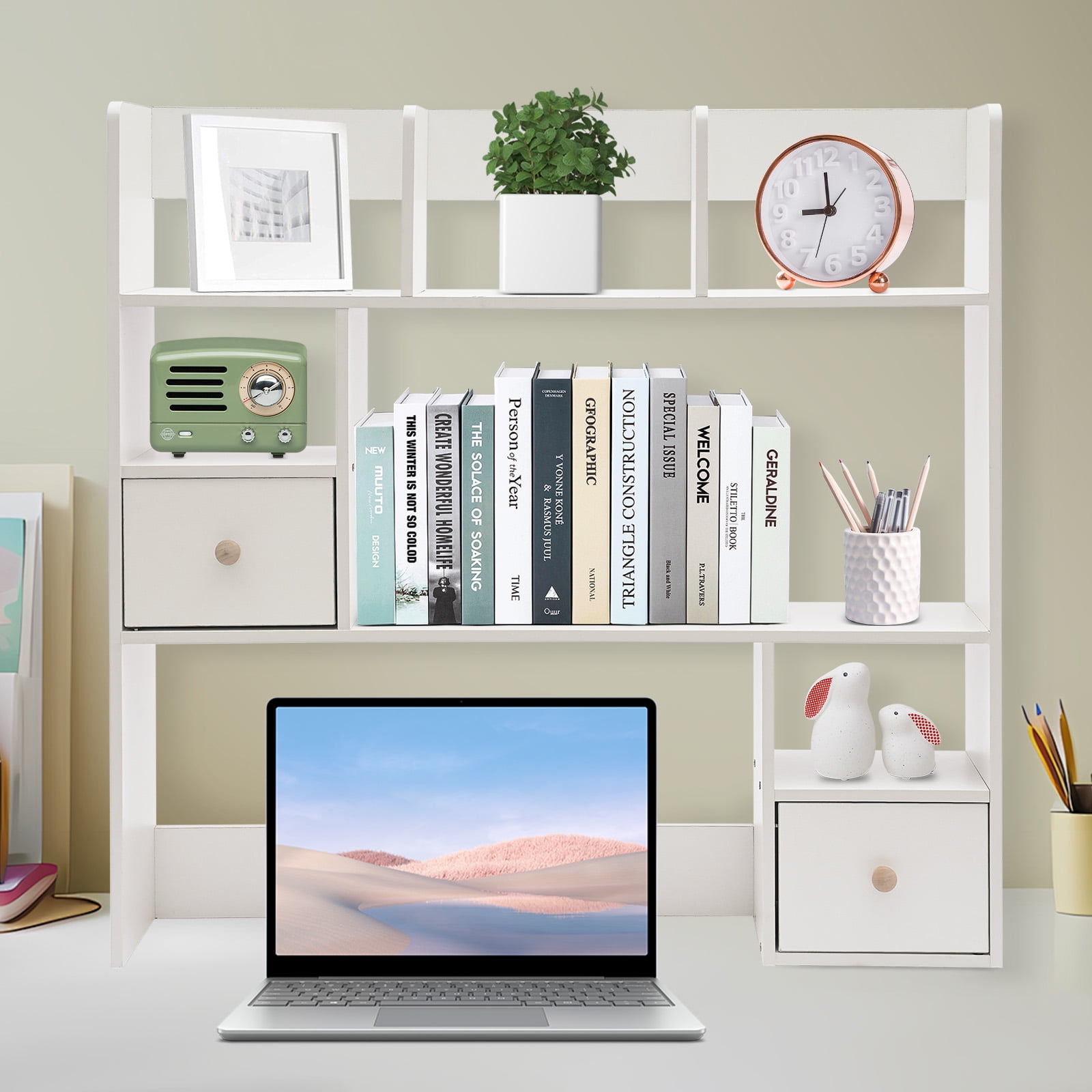 Modern Desktop Storage Organizer Home Office Desktop Bookshelf Holder Computer Rack Desk Organizer for Space Saving (White)