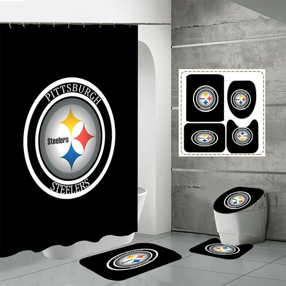 4 Pcs Shower Curtain Set with Toilet Lid Cover Mat Non-Slip Rug Bath Mat and Waterproof Shower Curtains with Hooks American Sports Football Bathroom Decoration Machine Washable