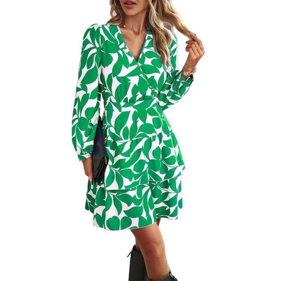 Minimalist Floral Print Surplice Tiered Dress Above Knee Length Green Small