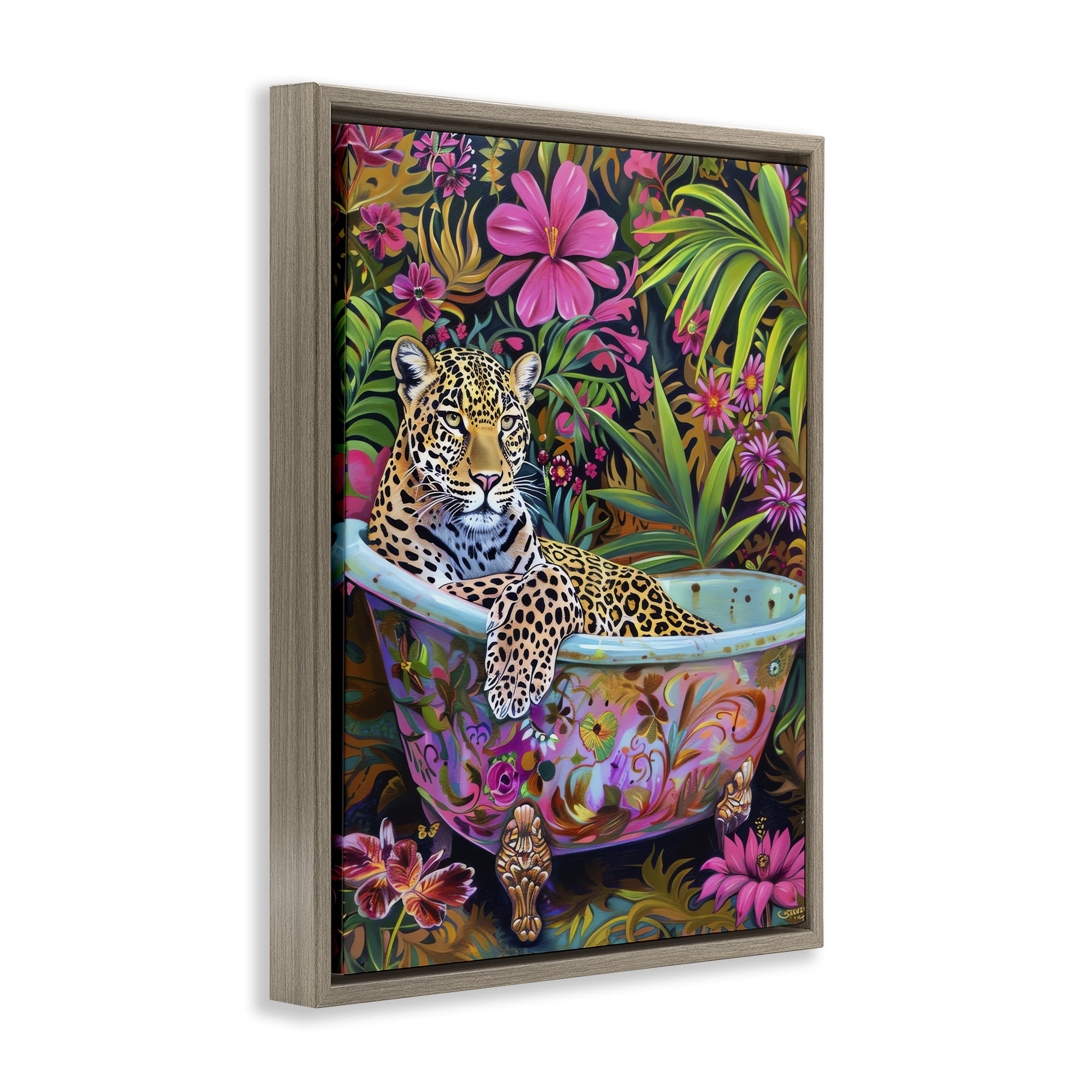 Stupell Industries Tropical Rainforest Leopard Tub Bath & Laundry Painting Brown Floater Framed Canvas Art Print Wall Art, 17 x 21