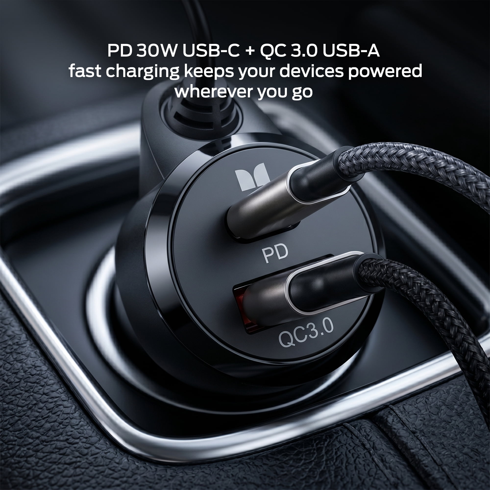 Monster Bluetooth FM Transmitter for Car, 48W Dual USB Fast Charger, PD 30W USB-C & QC 3.0 USB-A, Hands-Free Calling, Wireless Music, AUX USB MicroSD, Adjustable EQ, Vent Clip Mount
