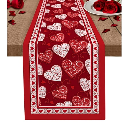 

Valentines Table Runner Red Love Heart Romantic Tablerunners 13 x 120 Inch Table Decorations Tabletop Scarf for Summer Gathering Holiday Farmhouse Kitchen Dining Decor