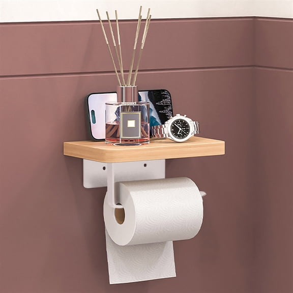 Wall Mounted Toilet Paper Holder with Wood Shelf Durable No Drill Bathroom Tissue Roll Organizer Storage Rack for Home Apartment