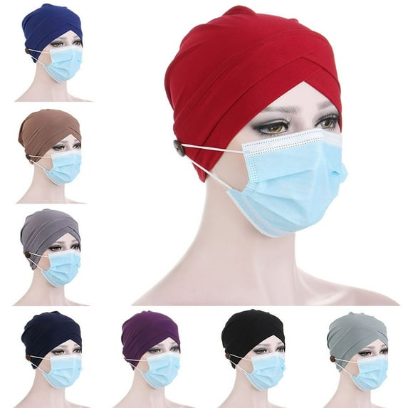 Visland Women Turban Cap, Fashion Casual Solid Color Front Cross Design Beanie Bonnet Sleeping Cap Hair Care Cap with Button Headwear Head Wrap for Daily Wear