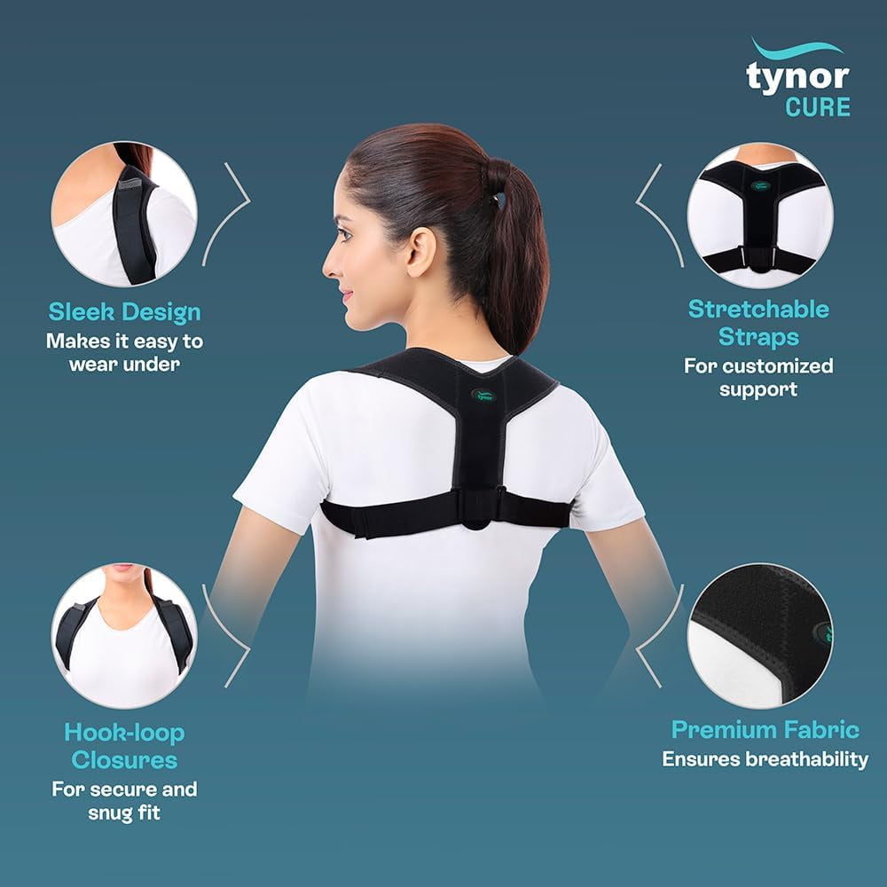 TYNOR Posture Corrector for Men & Women, Adjustable Upper Back Brace for Neck, Clavicle & Scoliosis, Breathable Hunchback & Back Corrector with Hook Loop Closure (Black, One Size)
