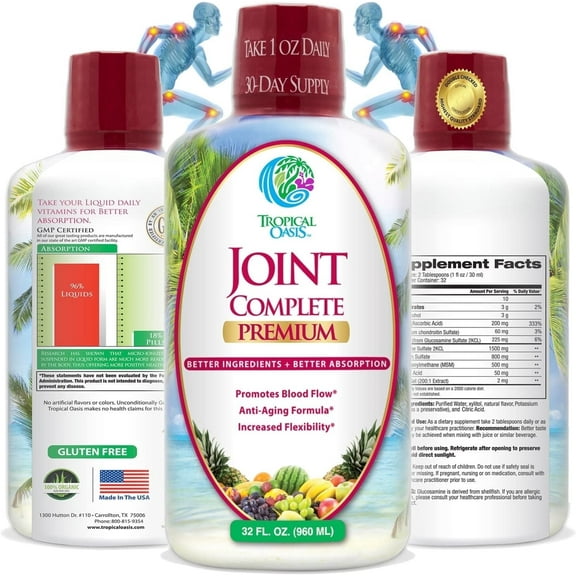 Tropical Oasis Joint Complete Prem, Advanced Liquid Vitamin Supplement with Glucosamine & MSM for Joint Comfort & Natural Mobility, 32 Fl Oz, 32 Servings