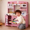 thumbnail image 5 of Reasea Kids Wooden Play Kitchen Set , Toddler Toy Kitchen Playset with 24 Accessories, Realistic Appliances & Storage for Kids Ages 3+, Pink, 5 of 9