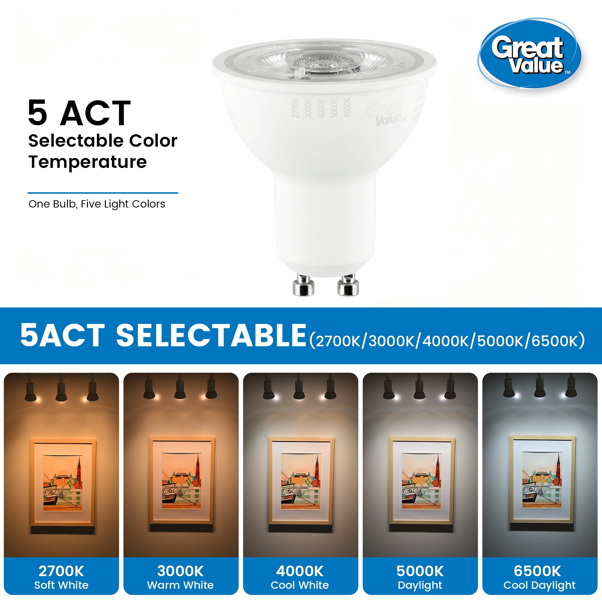 Great Value LED MR16 Indoor Spot Light Bulb, 4.5-Watts (35W Equiv) 5ACT, Dimmable, GU10 Base (3 Pack)