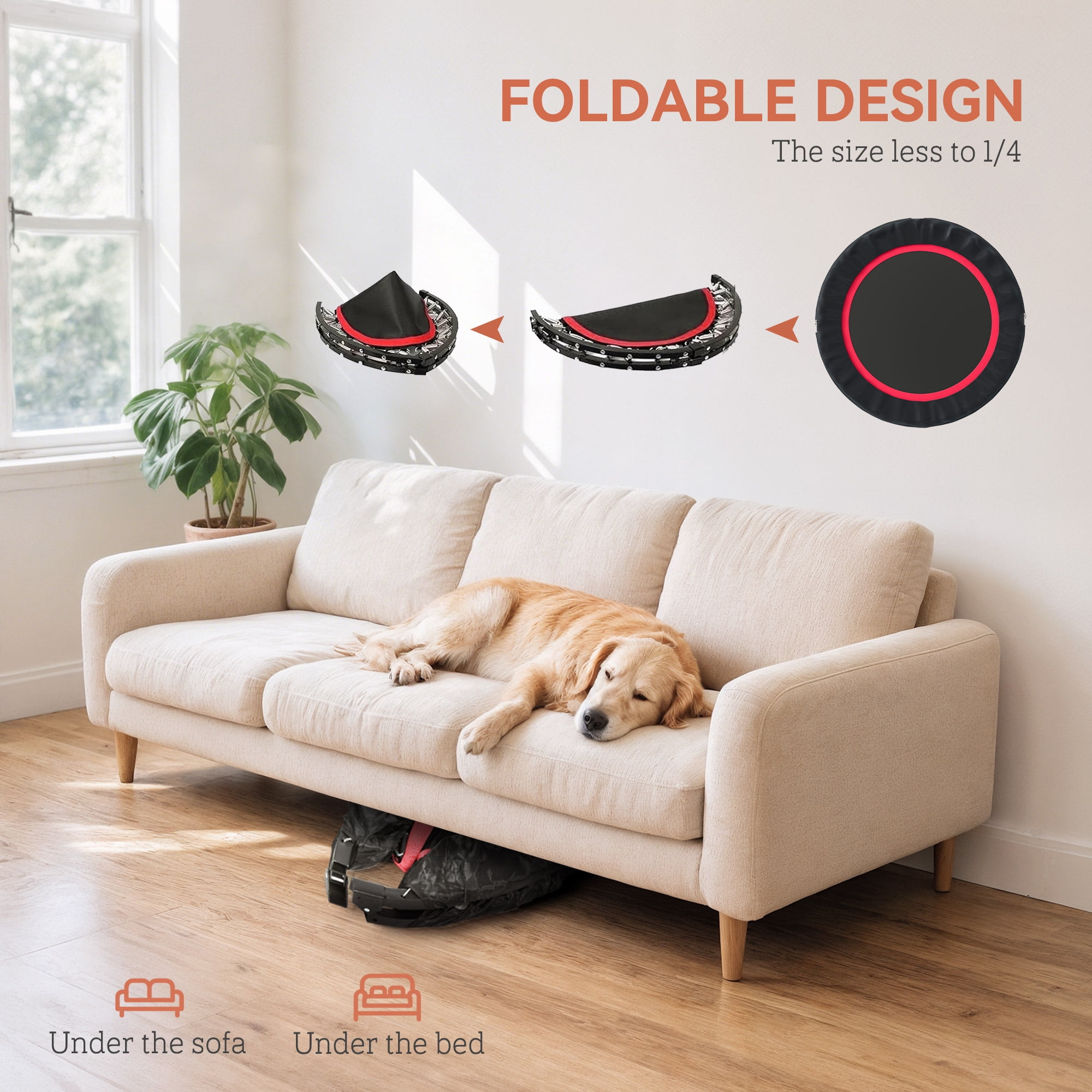 Soozier 40" Foldable Mini Trampoline, Rebounder Trampoline for Adults with Adjustable Foam Handle for Indoor Outdoor Workout, Max Load 330 lbs, Red