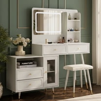 AENKYO Vanity Desk with LED Mirror, Built-in Outlets & Adjustable Cabinet, Modern Makeup Table with Stool, White