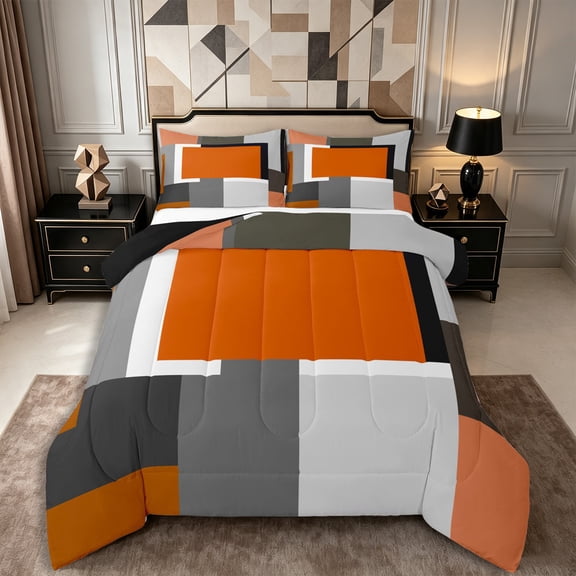 Castle Fairy Mid Century Geometric Panel Full Size Comforter Sets 3-Piece,Minimalism Color Block Bedding Comforter Set,Terracotta Gray Black,Reversible,1 Comforter and 2 Pillowcases