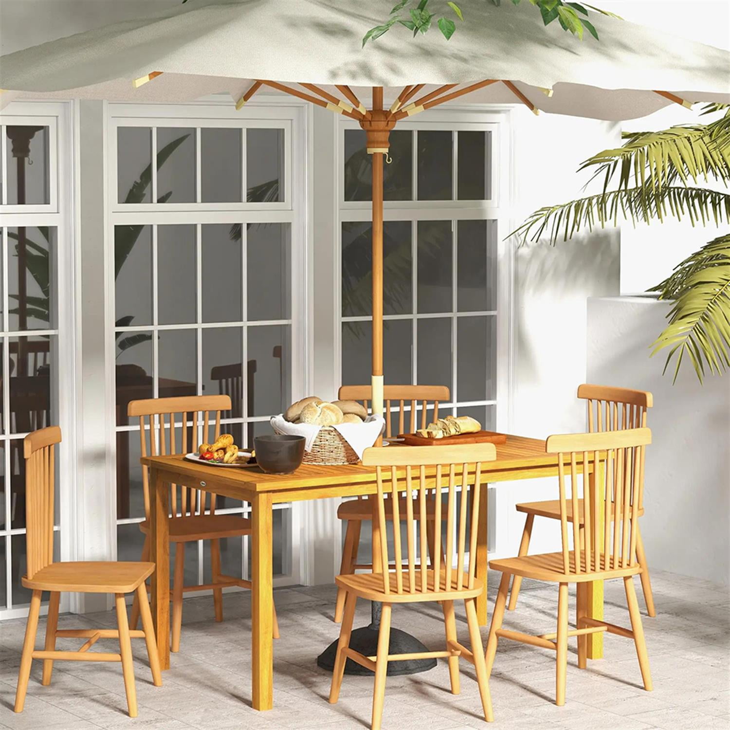 Demi Bonn 6 People Outdoor Dining Tables with Umbrella Hole, Acacia Wood Rectangle Patio Table, Garden Dining Table for Backyard, Lawn, Porch, Brown