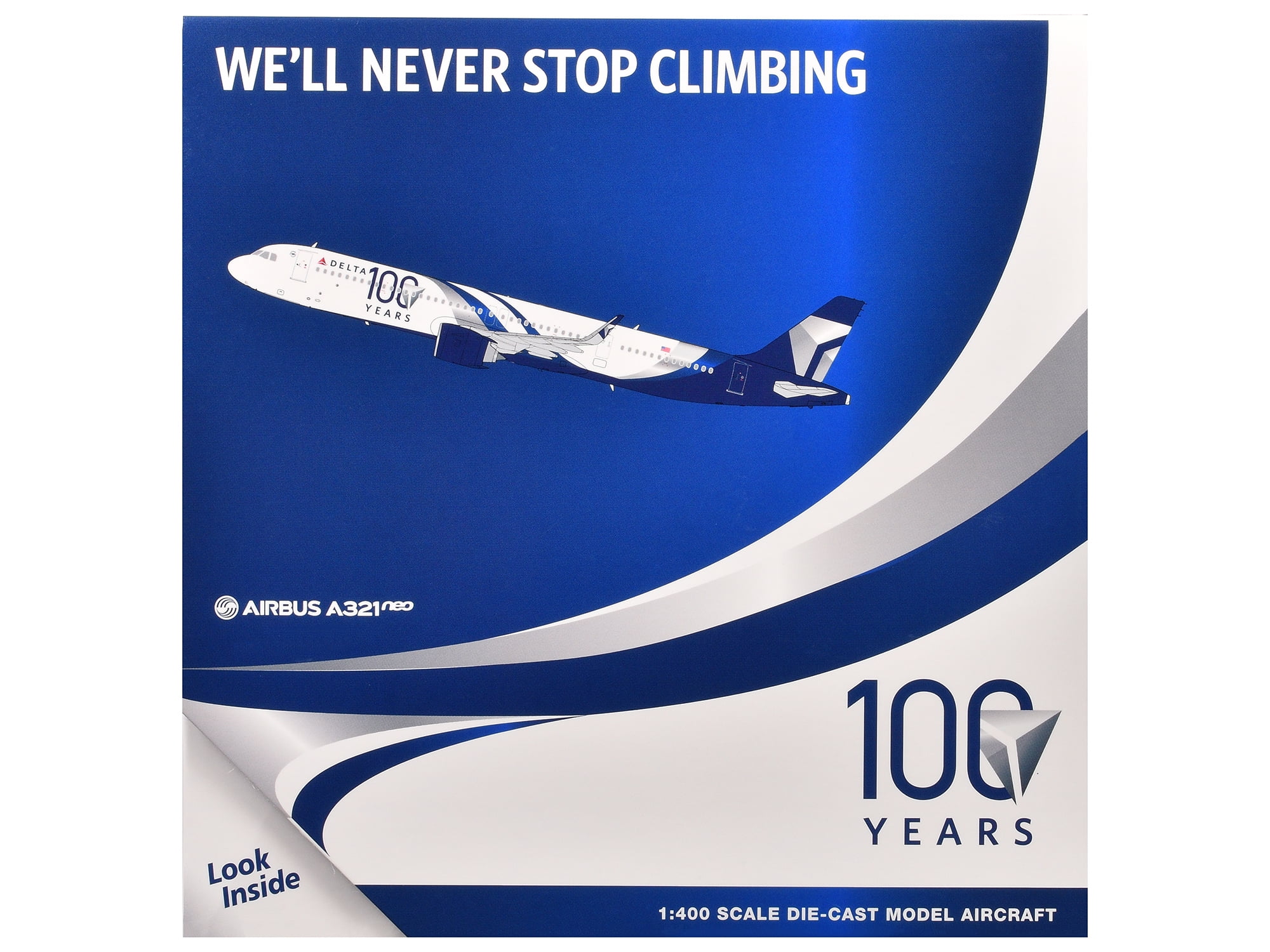 Airbus A321neo Commercial Aircraft "Delta Air Lines 100 Years" White and Blue with Stripes 1/400 Diecast Model by GeminiJets