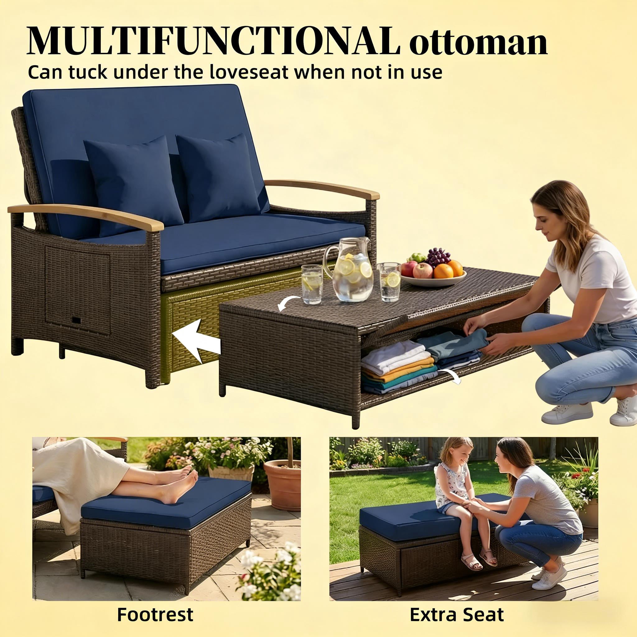 4-in-1 Rattan Outdoor Daybed with 4-Level Adjustable Backrest, Storage Ottoman and Side Tables