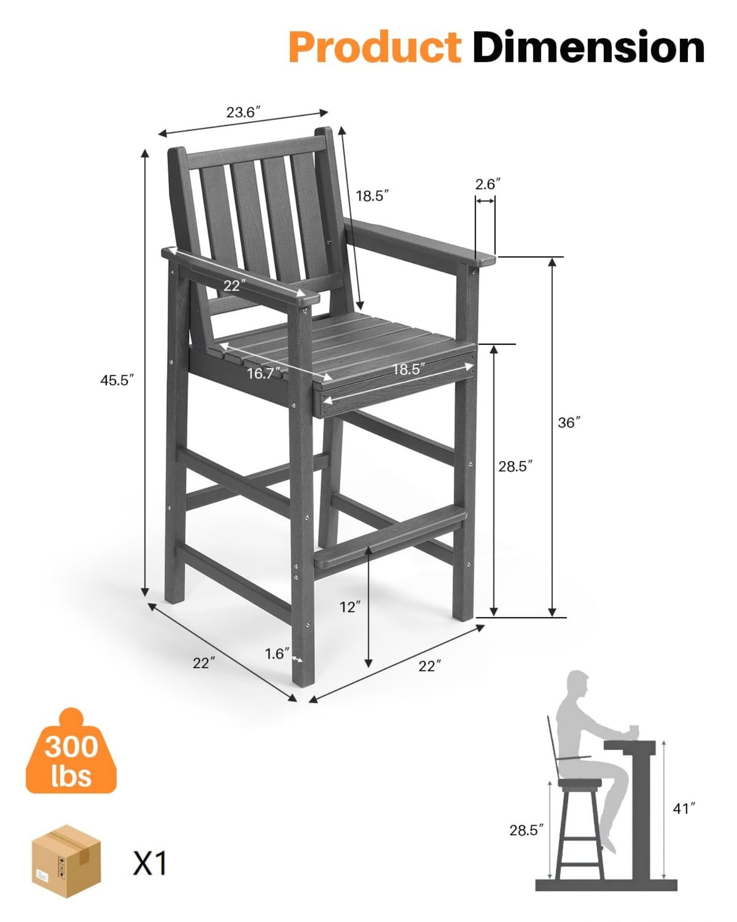 Adirondack Bar Chair Set of 2, HDPE Outdoor Bar Stools with Footrest, All Weather Adirondack Bar Height Chairs for Patio, Balcony, Porch, Deck, Poolside, Smoke Gray