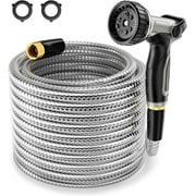SPECILITE Metal Garden Hose 50FT X 1/2IN, 304 Stainless Steel Garden Hose, Water Hose with Heavy Duty Metal Nozzle for Yard, Outdoor, Lawn - Flexible, No Kink & Tangle, Puncture Resistant