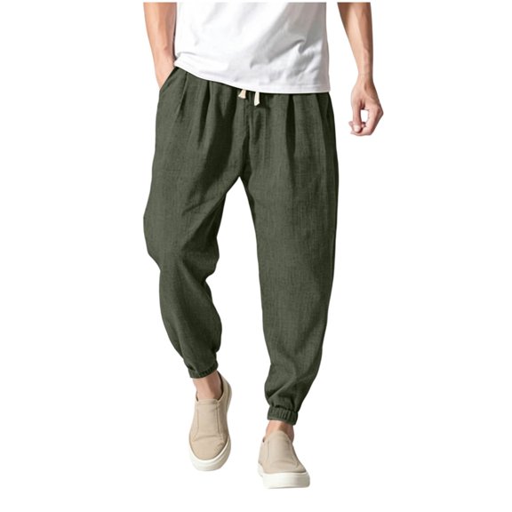 IROINNID Men's Linen Blend Jogger Pants Elastic Waist Drawstring Casual Ankle Cuffed Trousers