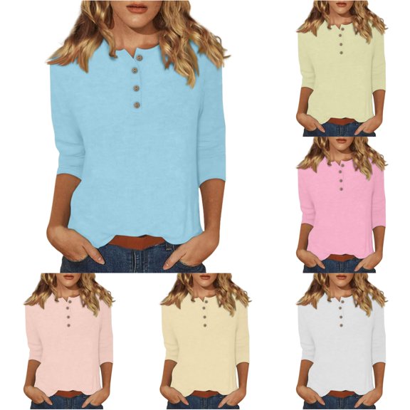 HCYSFG Womens Solid Color T Shirts Crewneck 3/4 Sleeve Button Detail Relaxed Fit Trendy Everyday Casual Tees Fall Tops