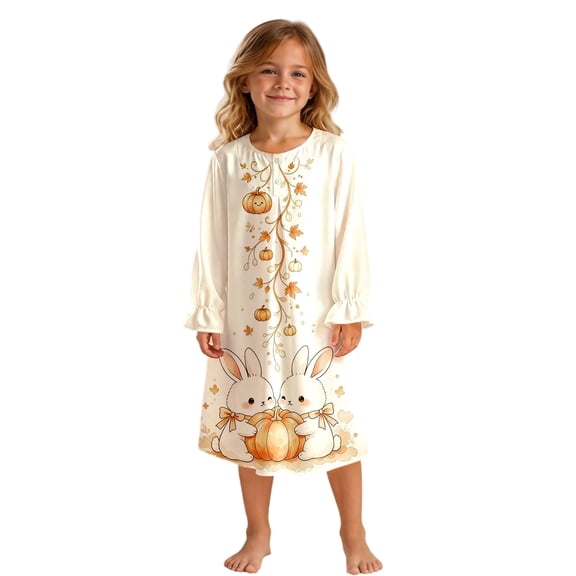 JIAYUE Girl Kids Nightgown Soft Lightweight Breathable Halloween Funny Print Long Sleeve Ruffle Cuff Round Neck Button Front Loose Fit Cute Pajamas For Holiday Party Family Indoor Loungewear