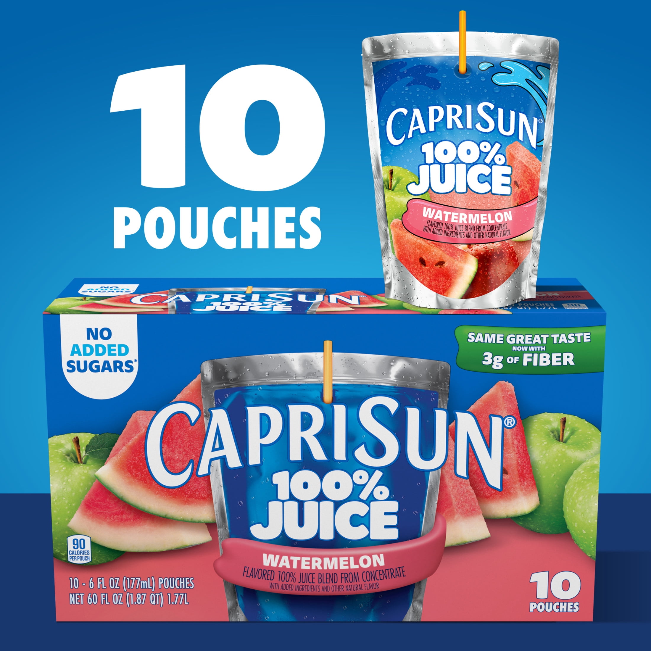 (4 pack) Capri Sun 100% Juice Drink Blend from Concentrate Juice Boxes, 10 Pouches, for School Lunches and On-the-Go Hydration, Watermelon with Added Ingredients and other Natural Flavor, 6 oz