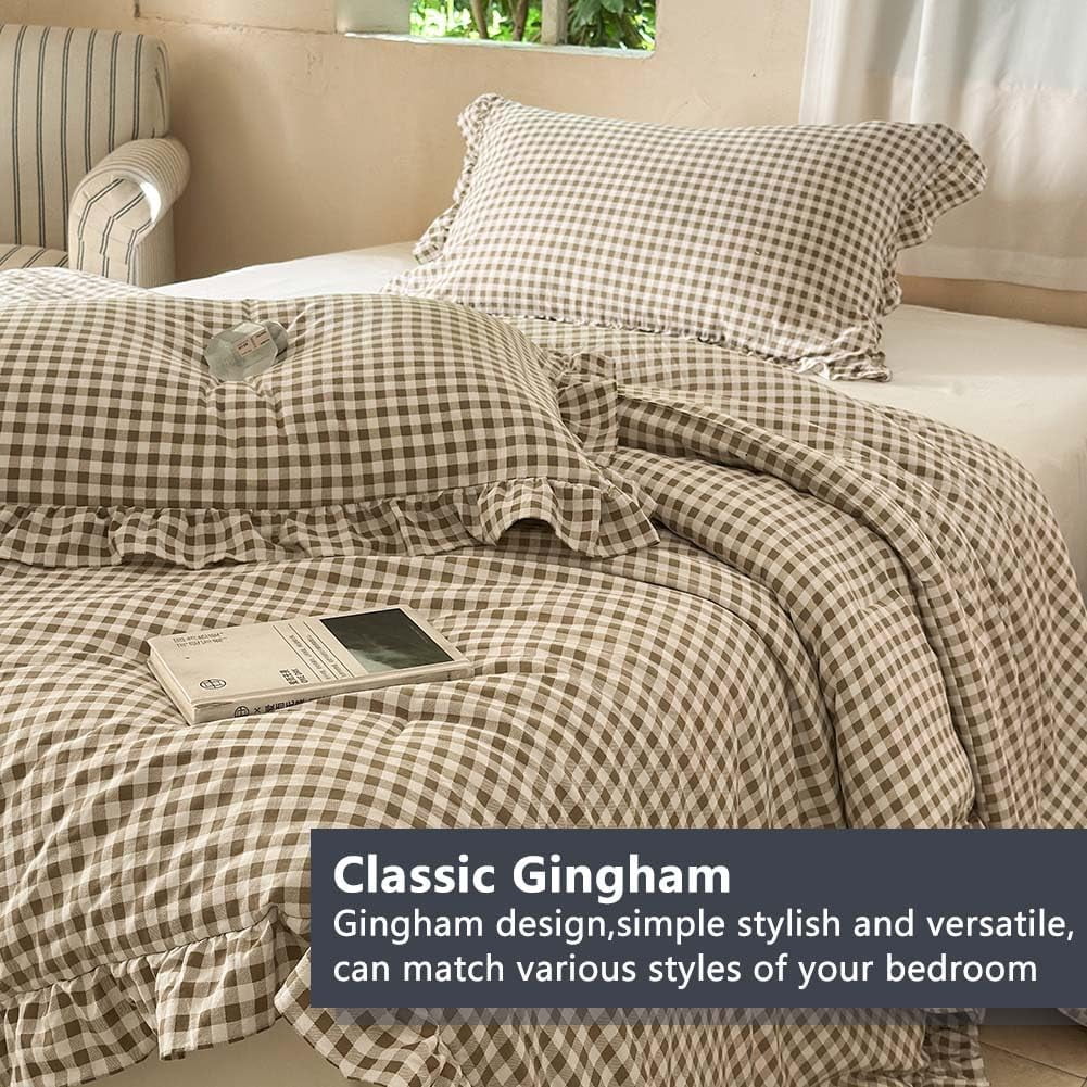 Tan Gingham Ruffle Queen Comforter Set, Taupe Ruffled Plaid Bedding Set, Ruffled Checked Bed Comforter 3 Pieces(Tan Gingham, Queen)