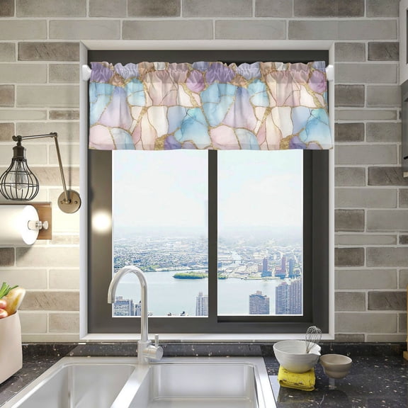 Yayeee Kitchen Valance Rod Pocket 54" x 18" Living Room Window Curtain, Elegant Marble Pattern