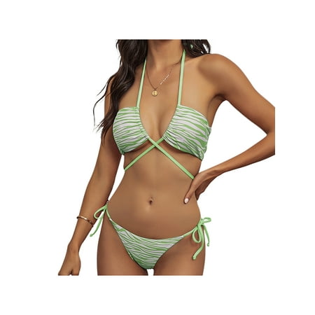 

Binpure Women Bikini Sleeveless V Neck Striped Bandage Bra Thong Swimwear
