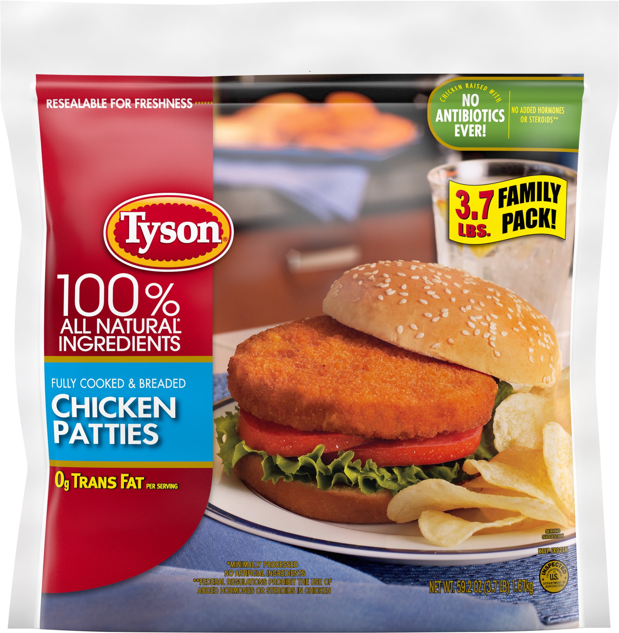 Tyson All Natural Chicken Patties Family Pack 3 7 Lb Frozen Walmart Com
