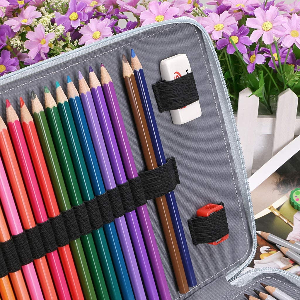 200 Slots Colored Pencil Organizer - Deluxe PU Leather Pencil Case Holder With Removal Handle Strap Pencil Box Large for Colored Pencils Watercolor Pencils Grey