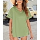 thumbnail image 4 of Camiseta de manga corta verde oliva para mujer para la oficina, citas y estilo diario, camiseta de verano con escote en V dividido, 4 of 8
