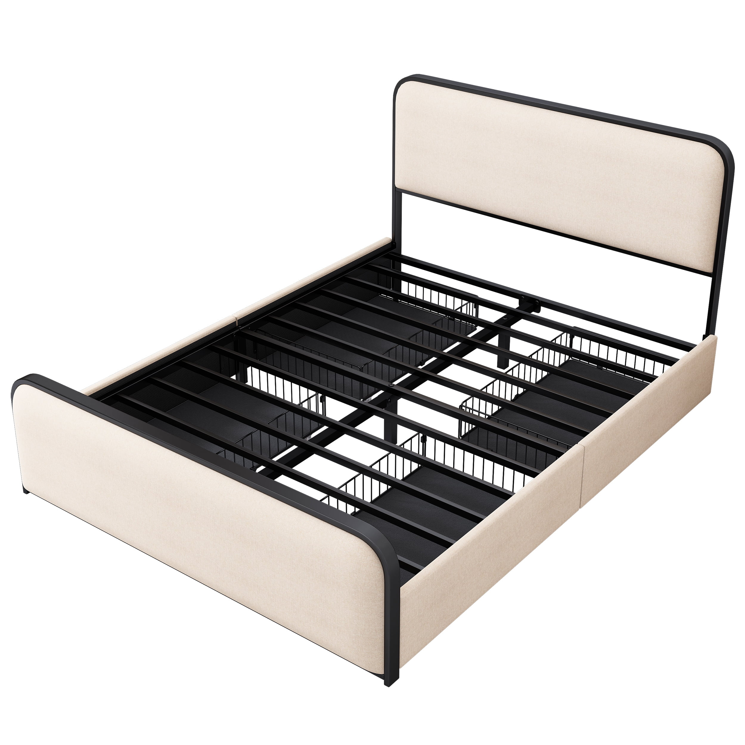 MAYEERTY King Metal Bed Frame Curved Upholstered Headboard 4 Drawers for Bedroom Beige