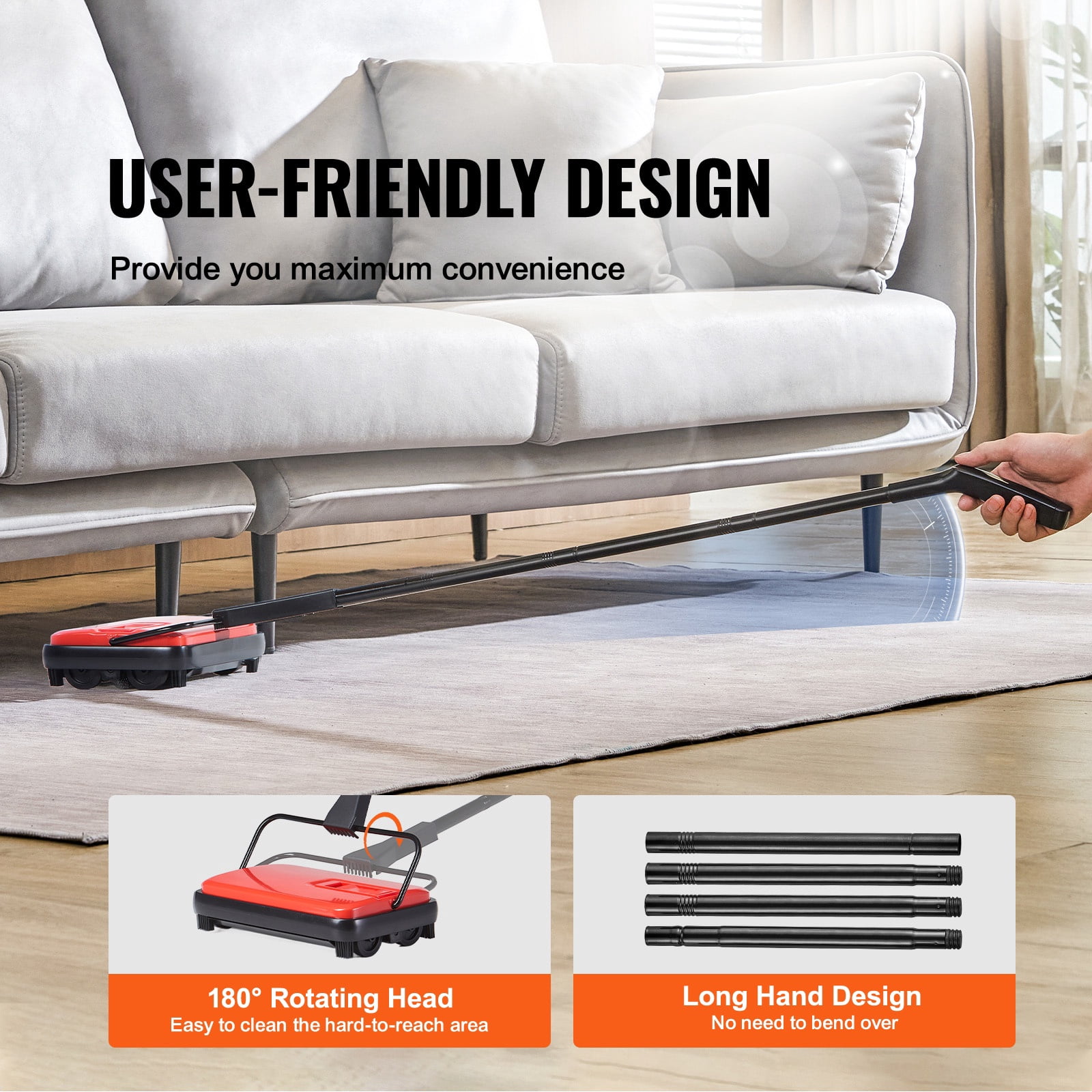 Carpet Sweeper Manual, Floor Sweeper with 300 ml Dustbin Capacity Easy to Empty, 6.7 inch Cleaning Width for Home Office Carpets Pet Hair Dust Red