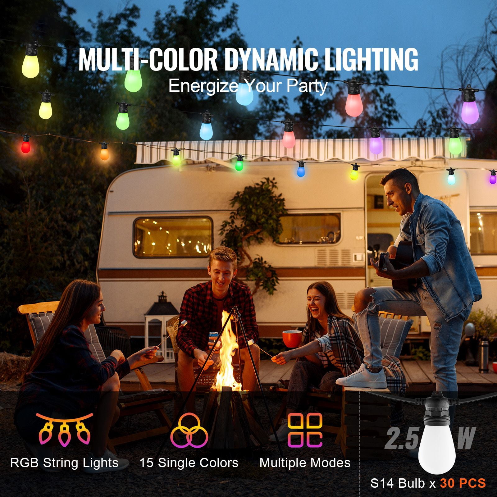 RGB Outdoor String Lights, 100FT Outside Patio Lights with APP Control 30 Bulbs, 15 Single-Color Adjustable Brightness Time Setting, Waterproof Hanging Lights for Halloween Decoration Christmas