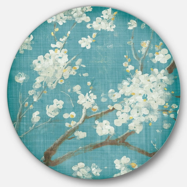 Designart 'Blue Cherry Blossoms II' Farmhouse Metal Circle Wall Art