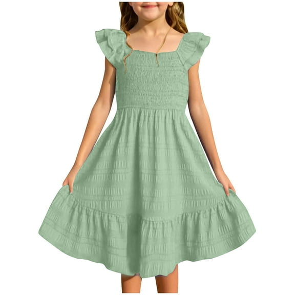 AUNVITO Girl's Square Neck Smocked Ruffle Sleeveless Sundress Tiered A Line Midi Dresses Casual Party Dresses 3-13Years