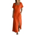 thumbnail image 2 of 2026 Summer Womens Dress Cotton Linen Square Neck Short Sleeve Long Dress with Pockets & Side Slit Beach Sundress, 2 of 7