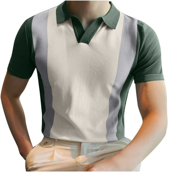 Mens Dress Shirt Lapel Collar Slim Fit Soft Business Casual Striped Color Block Stylish Sweater Pullover Tops