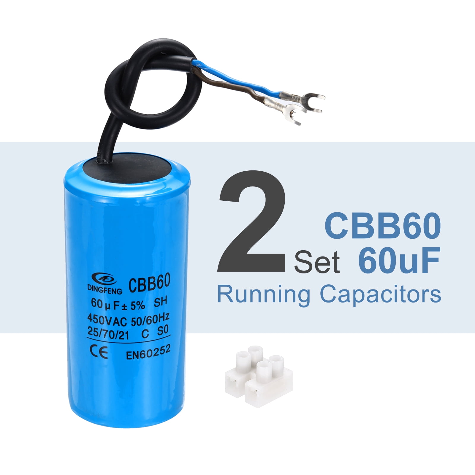 CBB60 60uF Running Capacitors, AC 450V 2 Wires 50/60Hz Cylinder 100x50mm,2Set
