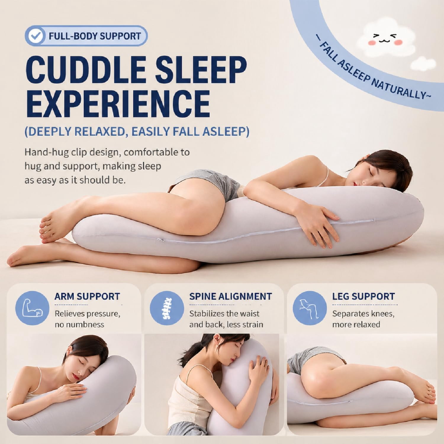 Pea Pod Body Pillow for Side Sleeper, Ergonomic Double Curve Design for Hip & Leg Support, Full Body Comfort Pillow for Back & Neck, Secure Fit Between Knees (Blue)