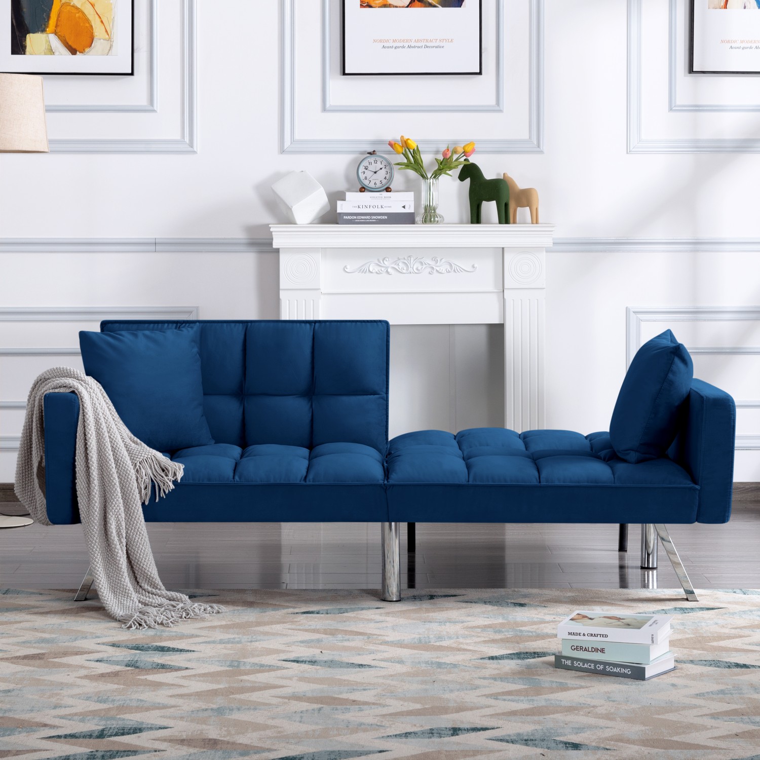 Gewnee 74"Velvet Upholstered Modern Convertible Futon, Adjustable Folding Sofa Bed, Guest Bed for Living Room, Bedroom, Apartment (Navy Blue)