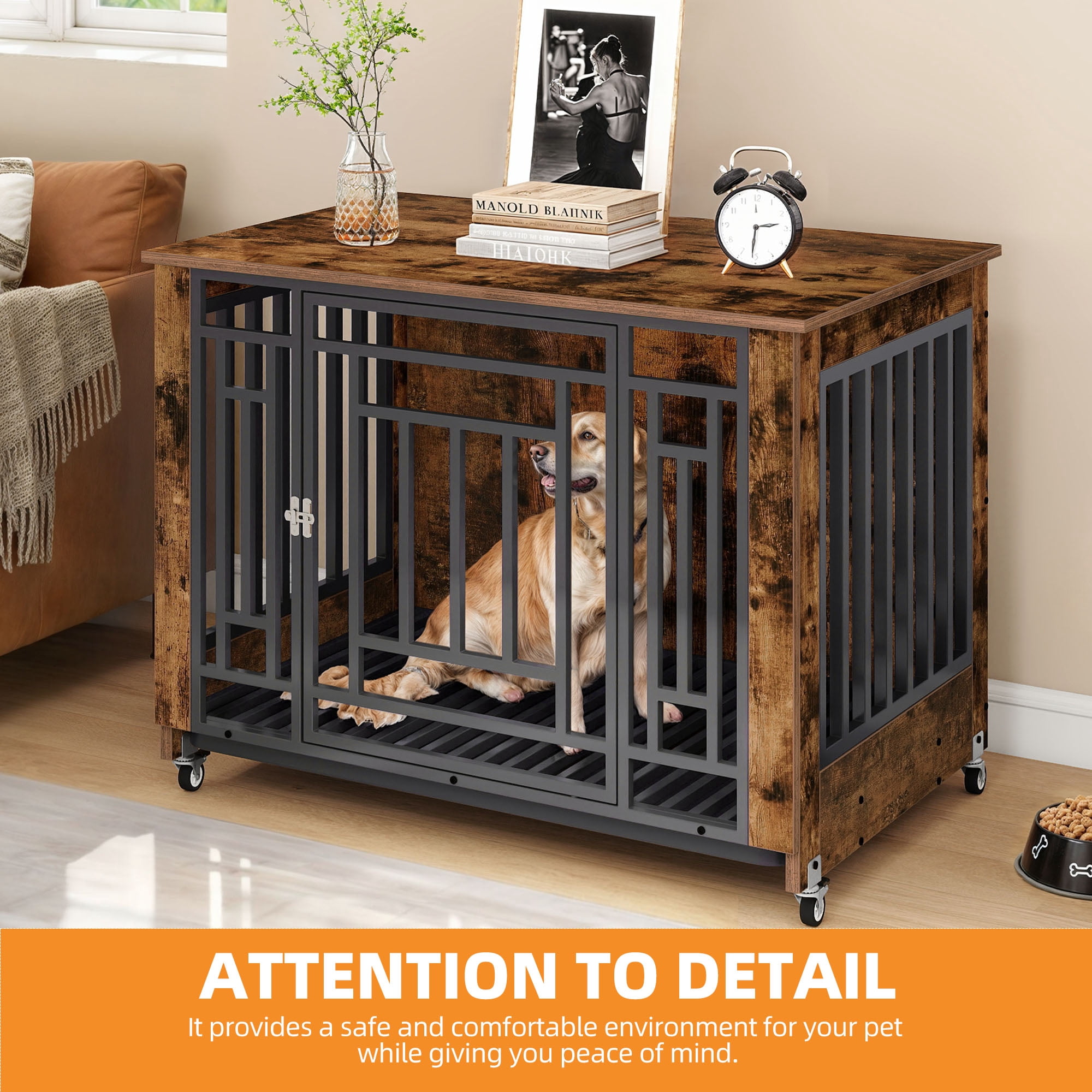 Craftian 38.2 inch Dog Kennel Furniture, Indoor Dog Crate Furniture with Wheels, Ideal for Small Medium Large Dogs - Rustic Brown