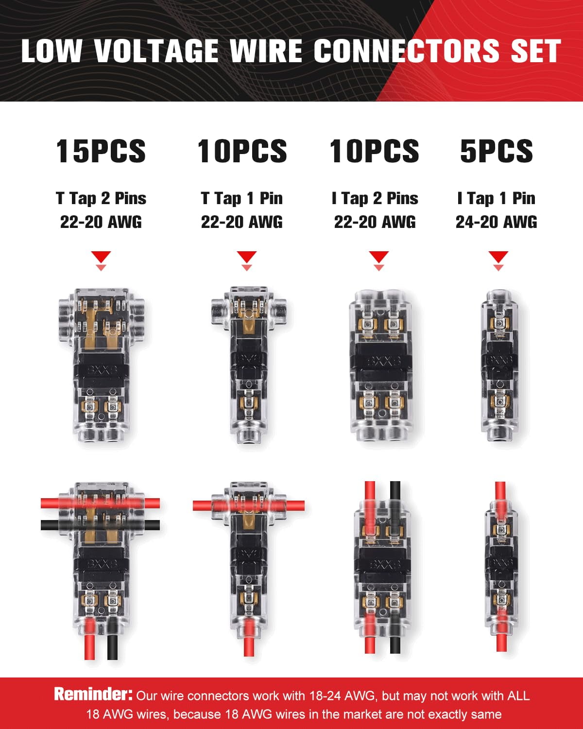 Foluck 40pc Low Voltage Wire Connectors Set, T Tap 3 Way 2 Pins 1 Pin Splice Wire Connectors 2 Way 2 Pins 1 Pin, Quick Solderless Wire Connector for Automotive, Led Strip, Landscaping, 18-24AWG