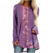 CZHJS Women's Comfy Elegant Pullover for Leggings Clearance 2023 Trendy Work Casual Loose Long Sleeve Shirts Round Neck Western Ethnic Printing Tops Dressy Blouse Vintage Clothing Fashion Purple S