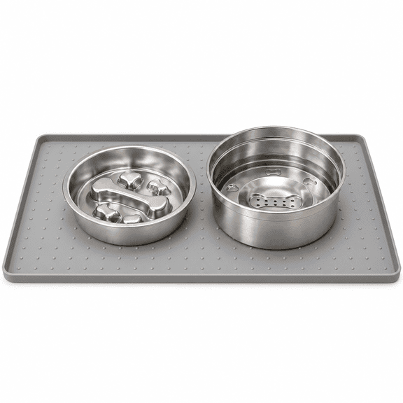 3-in-1 Stainless Steel Pet Bowl Set with Slow Feeder, No-Spill Water Bowl & Silicone Mat