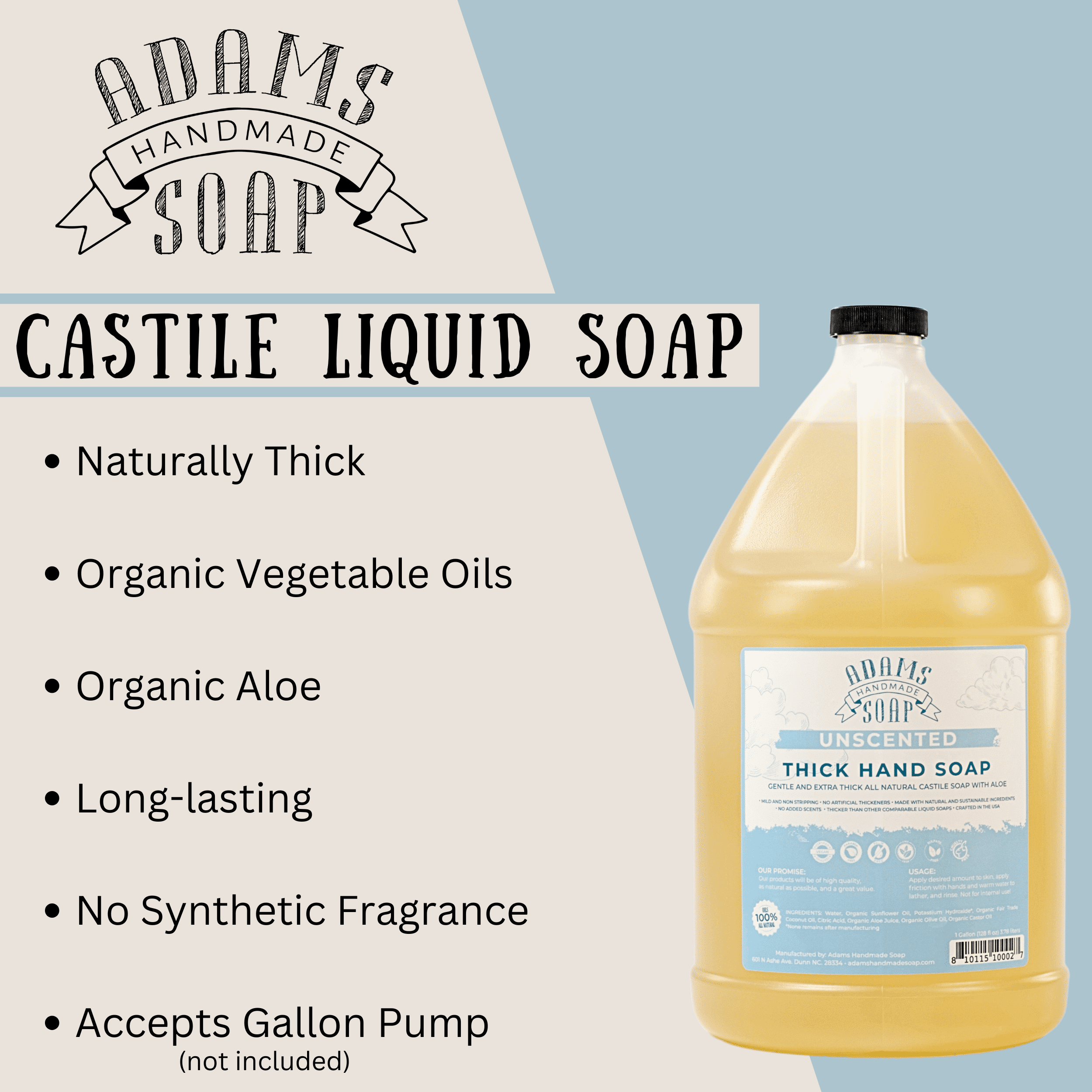 Unscented Organic Castile Liquid Hand Soap 1 Gallon Refill Adams Handmade Soap