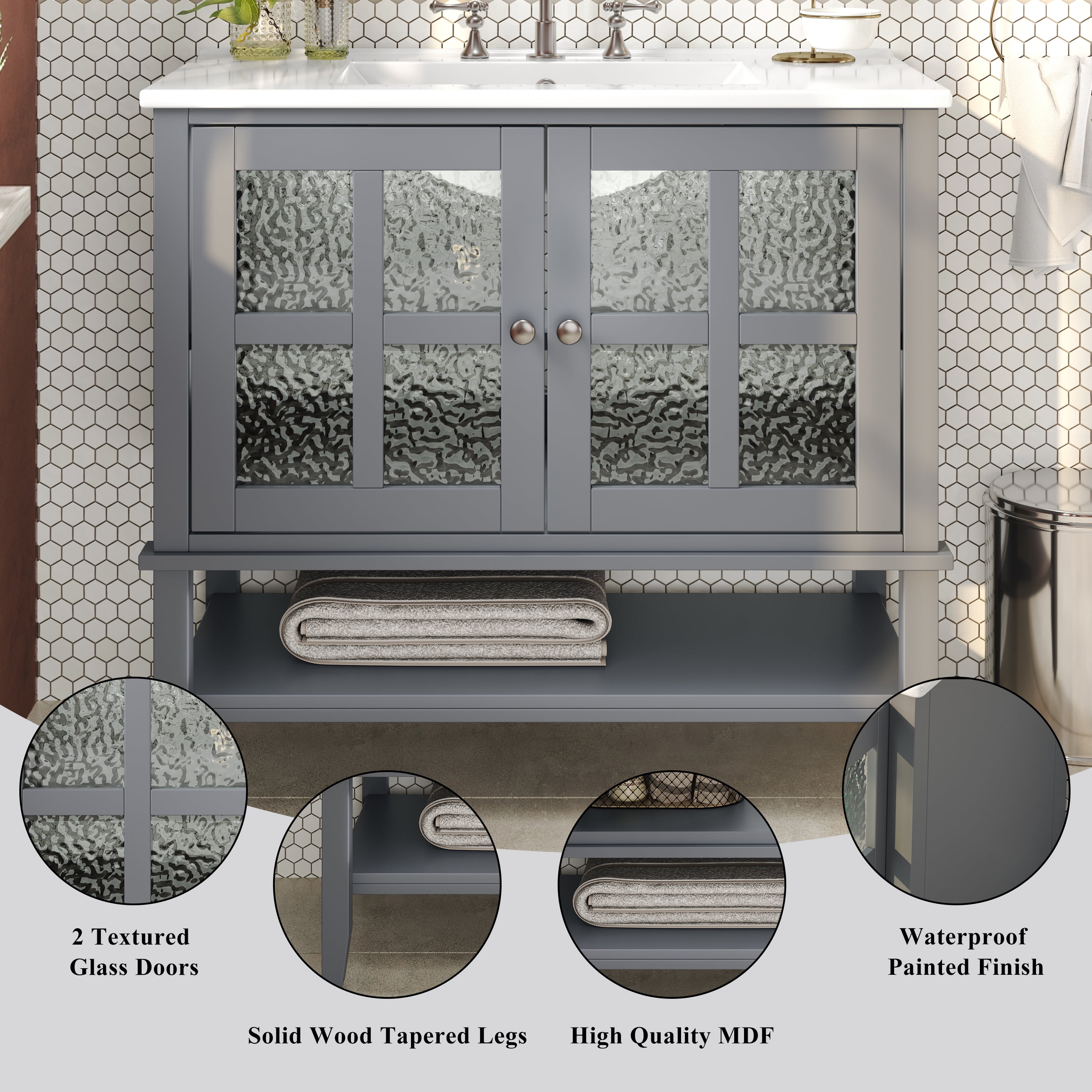 Euroco 36" Bathroom Vanity with Ceramic Sink, Textured Glass Doors, Solid Wood Legs, and Open Shelf – Modern Storage Solution