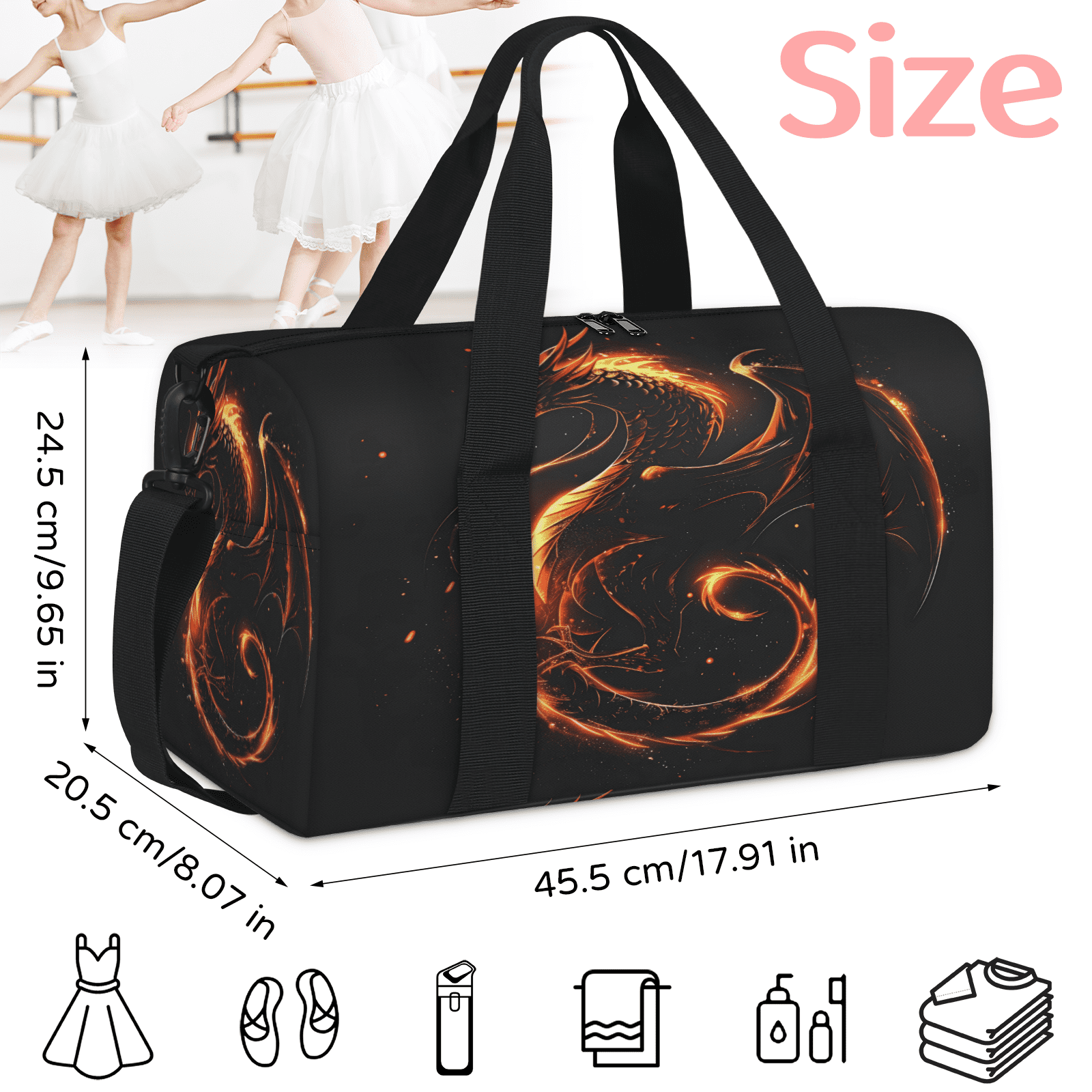 Herdesigns Fire Dragon Gym Bag for Women, Duffle Bag for Travel Sport, Lightweight Waterproof Carry on Weekender Overnight Dance Yoga Workout Bags